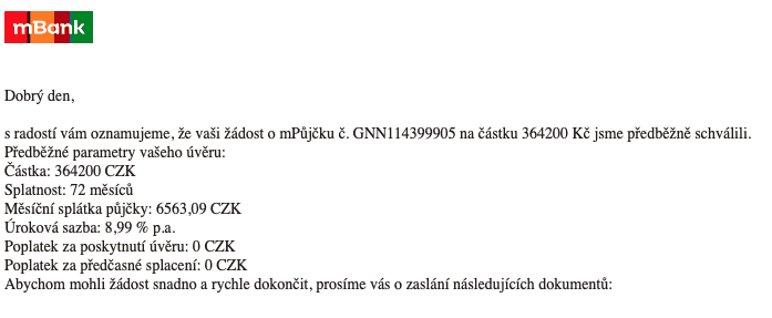 mBank. Skutečná nabídka refinancování. Úrok se zvýšil na 8,99 % p.a.