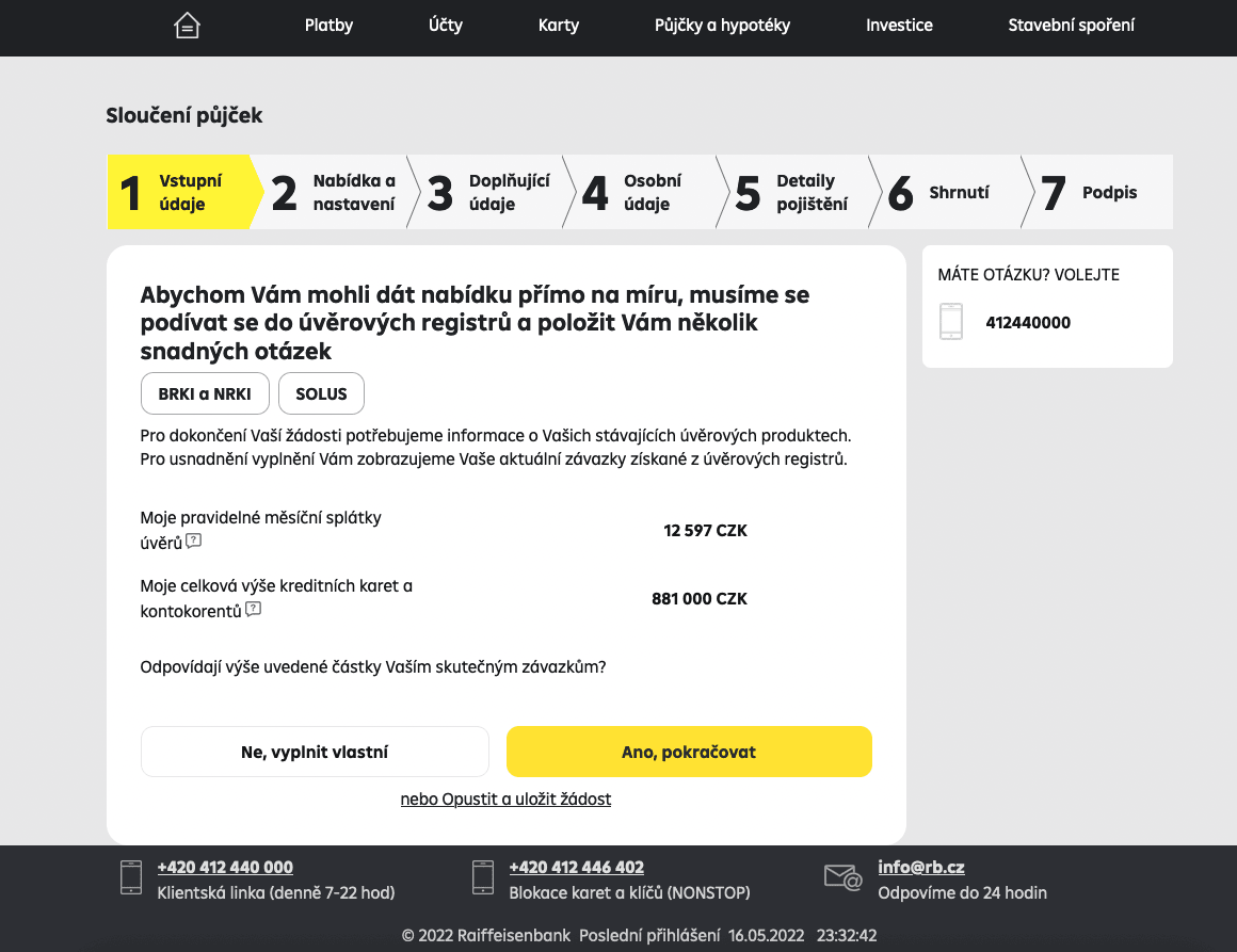 Raiffeisenbank. Žádost o refinancování v systému internetového bankovnictví klienta byla po dalším kroku zamítnuta.