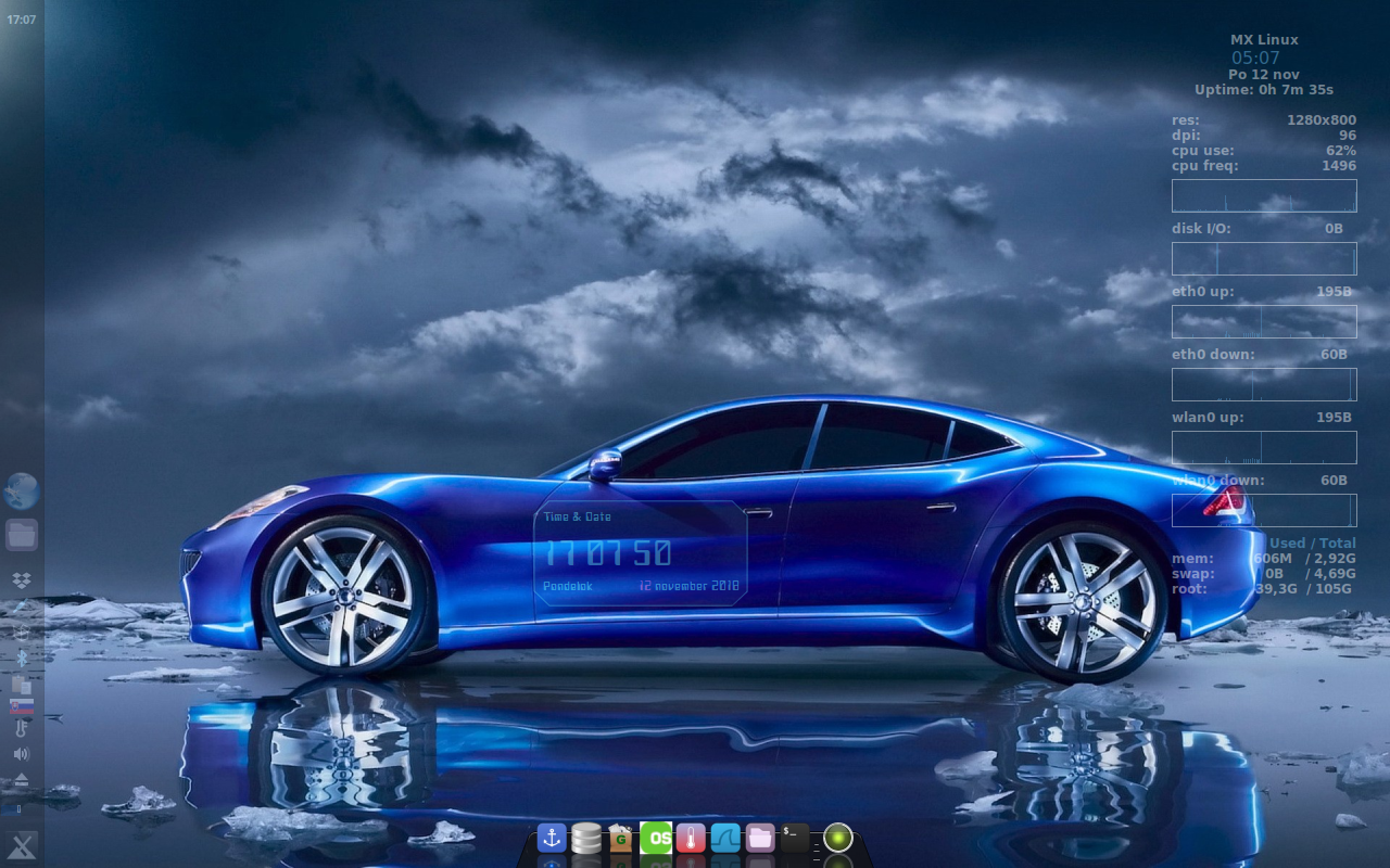 Desktop na notebooku Fujitsu Siemens Esprimo D9500, používaný ako pracovný nástroj. MX linux s conky monitorom wlan a eth, docky s utilitami.