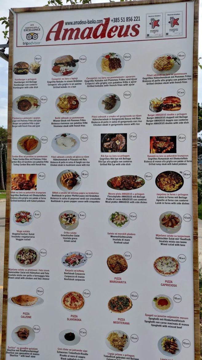 Ceny jídel v restauracích. Baška, ostrov Krk, Chorvatsko. (10. 06. 2024)