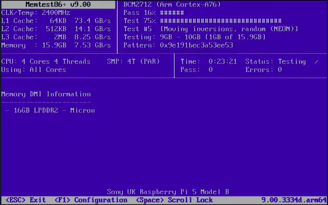 Memtest86+ na RPi5 obrázek 1
