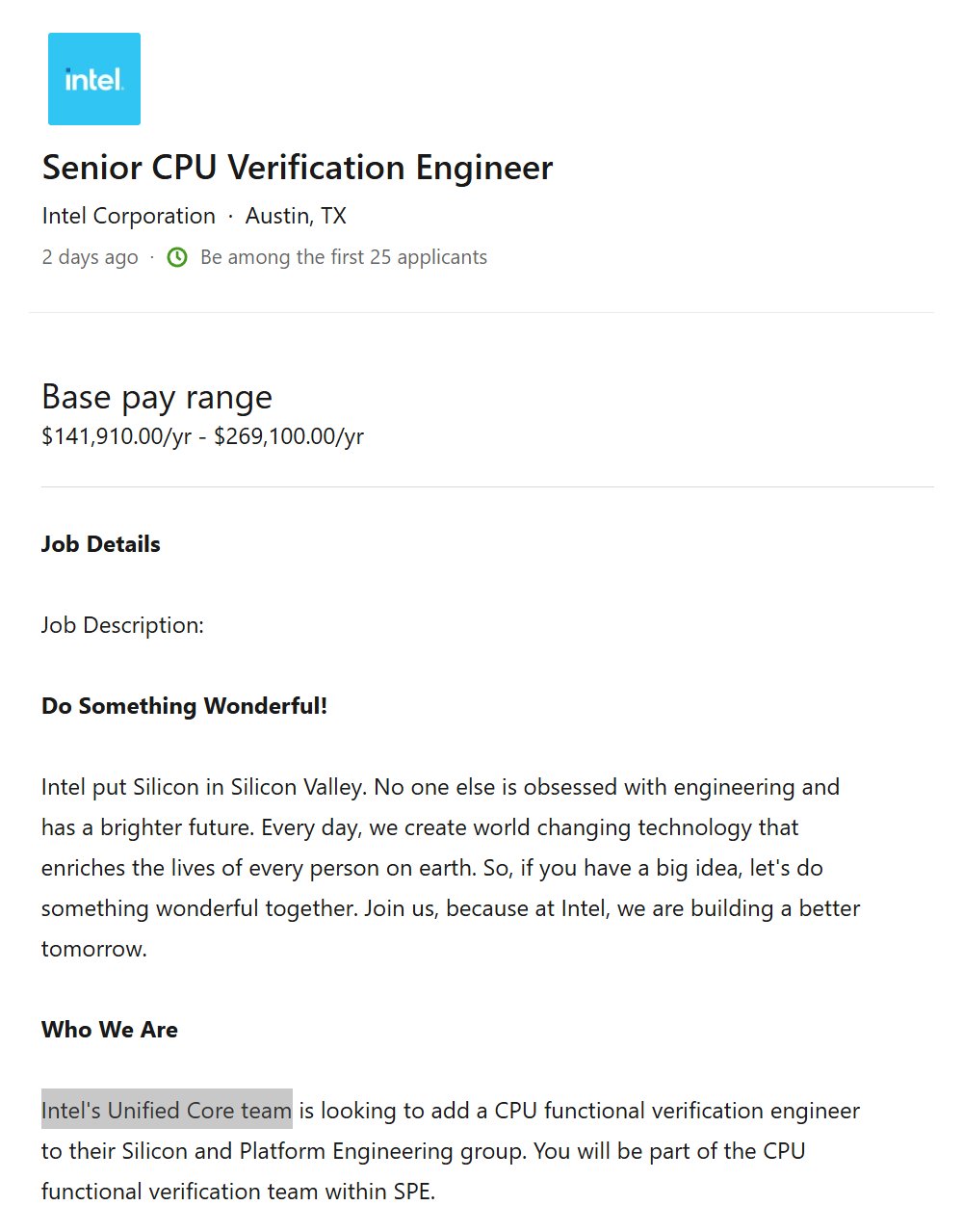 Nabídka práce v týmu Intelu pracujícím na Unified Core