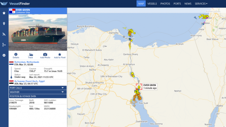 Vessel Finder aplikace pro sledování lodí Suez