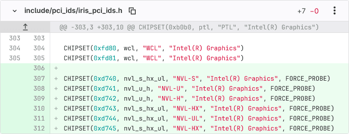Autor: Freedesktop, snímek Cnews Kód ovladače pro integrovaná GPU procesorů Intel Nova Lake ukazující varianty těchto CPU
