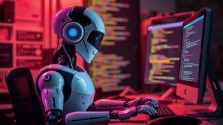 Robot sedí u počítače a programuje