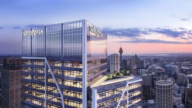 centrála Salesforce, mrakodrapy při západu slunce
