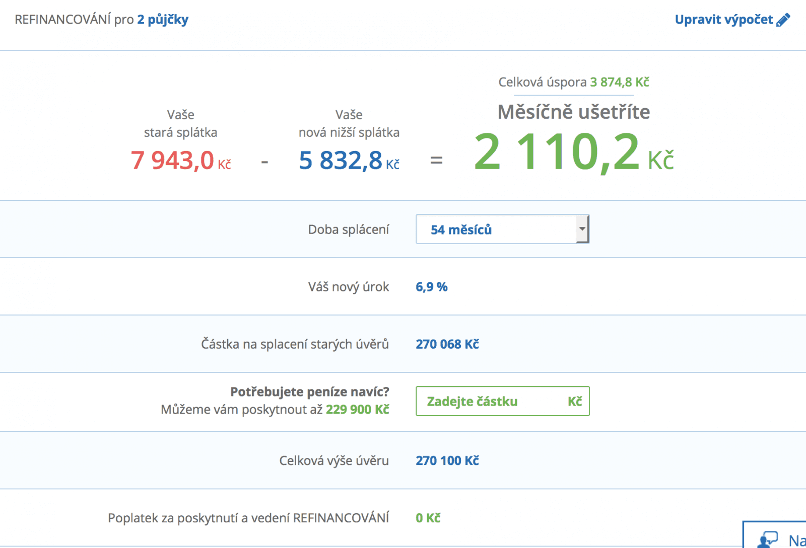 Propočet nové splátky refinancované půjčky na 270 100 Kč při splatnosti 54 měsíců.