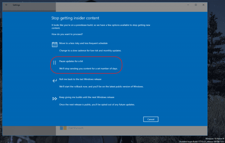 Pokud si chcete dát pauzu od testování nových sestavení, jděte do nastavení programu Windows Insider