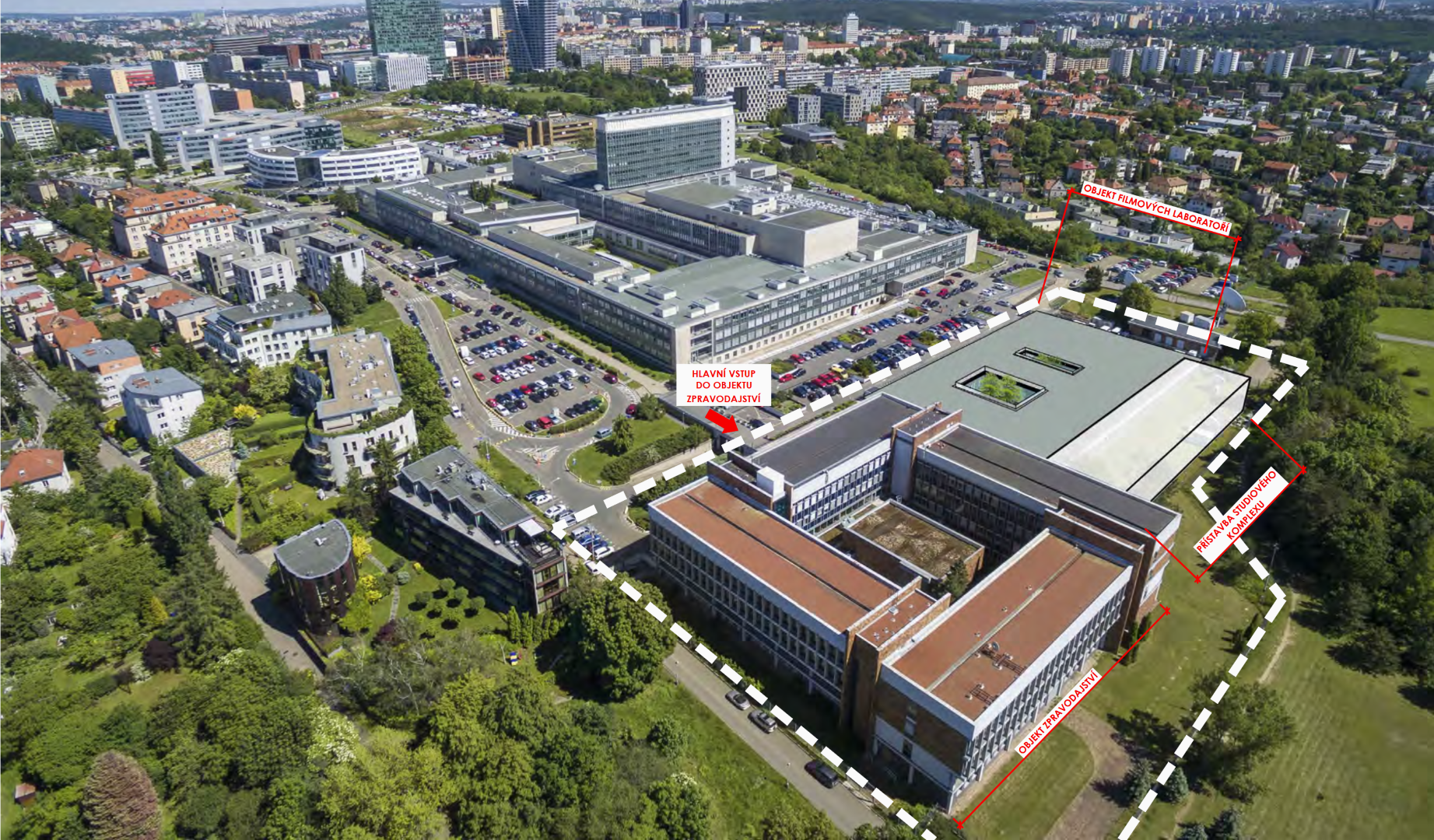 Zakreslení plánované stavby v areálu České televize