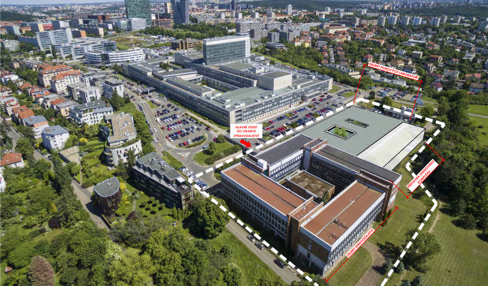 Zakreslení plánované stavby v areálu České televize