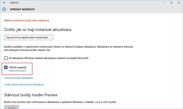 Odložení aktualizací ve Windows 10