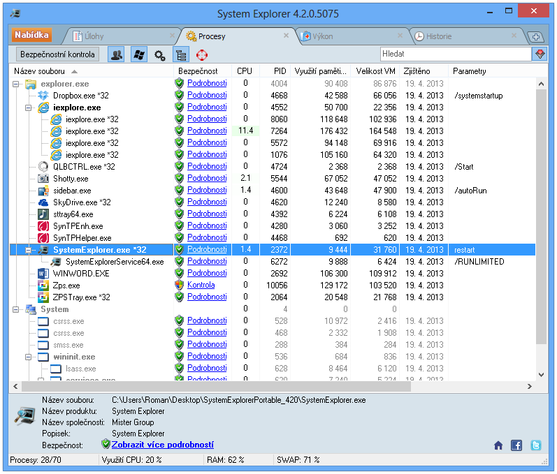 Jednotlivé funkce aplikace System Explorer jsou přehledně zobrazeny v záložkách