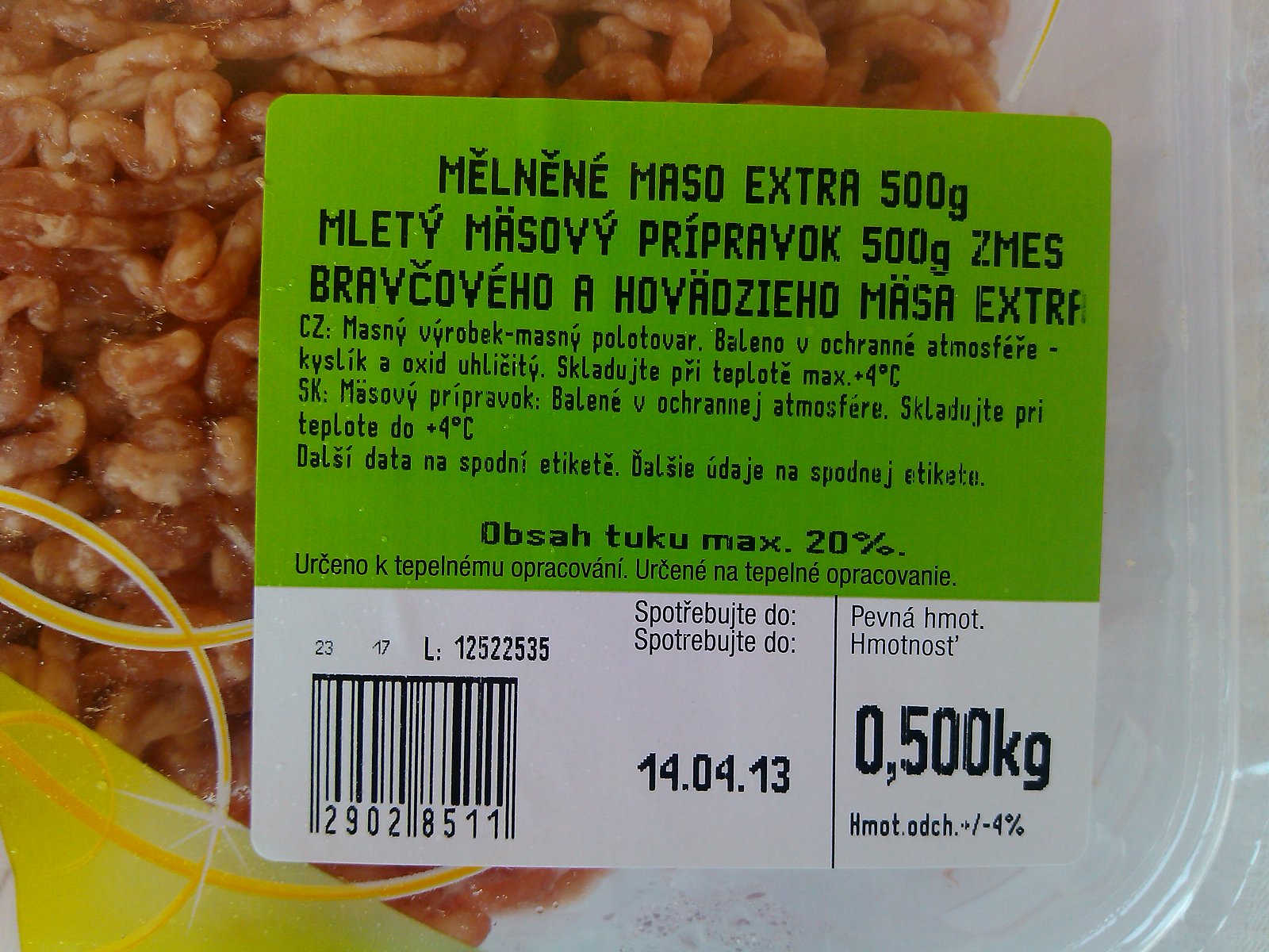 Mělněné maso extra, polotovar: 97 % masa, 0,5 kg za 69,90 Kč, 139,80 Kč/kg výrobku, obsahuje stabilizátor	

