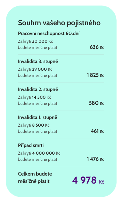 Souhrn jednotlivých pojistných a celková částka. (12/2020)