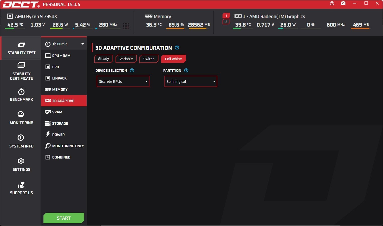 Test pískání cívek v OCCT V15