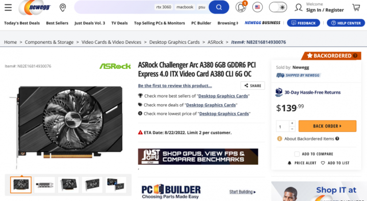 Intel Arc A380 Challenger ITX 6GB OC v nabídce Neweggu