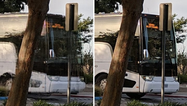 Zoom na projíždějící autobus (vlevo s duchy, vpravo s jejich potlačením)