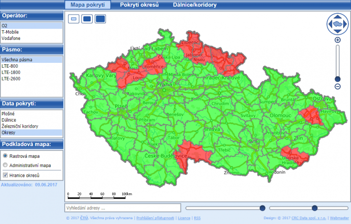 Pokrytí okresů (zelená značí alespoň 95% dostupnost LTE)