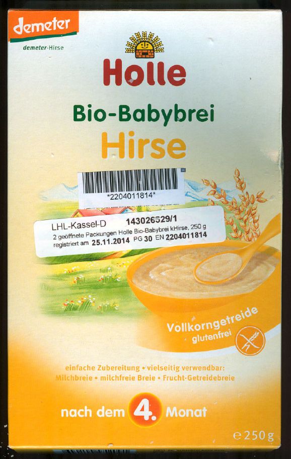 Bio dětská výživa s jáhly jablky a hruškami Holle Bio Babybrei Hirse v balení 250g šarže P14_05337 přítomnost atropinu