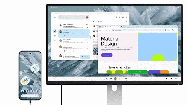Pixel vedle monitoru, na kterém jsou otevřená samostatná okna Gmailu a Chromu.