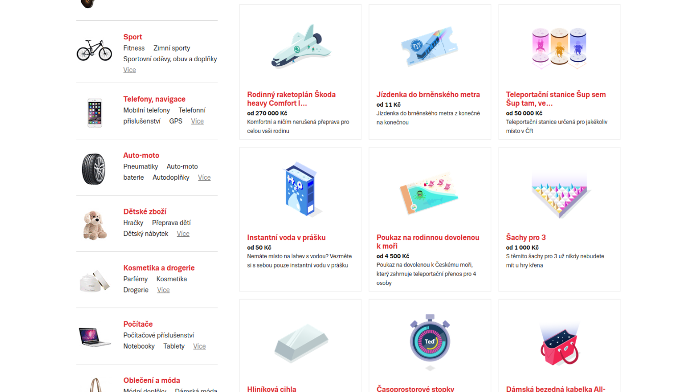 Srovnávač zboží Zbozi.cz nabízí spoustu věcí, které se vám hodí za 100 let: rodinný raketoplán, jízdenka do brněnského metra, robopsa nebo jízdenku na český Hyperloop. No, nekupte to!