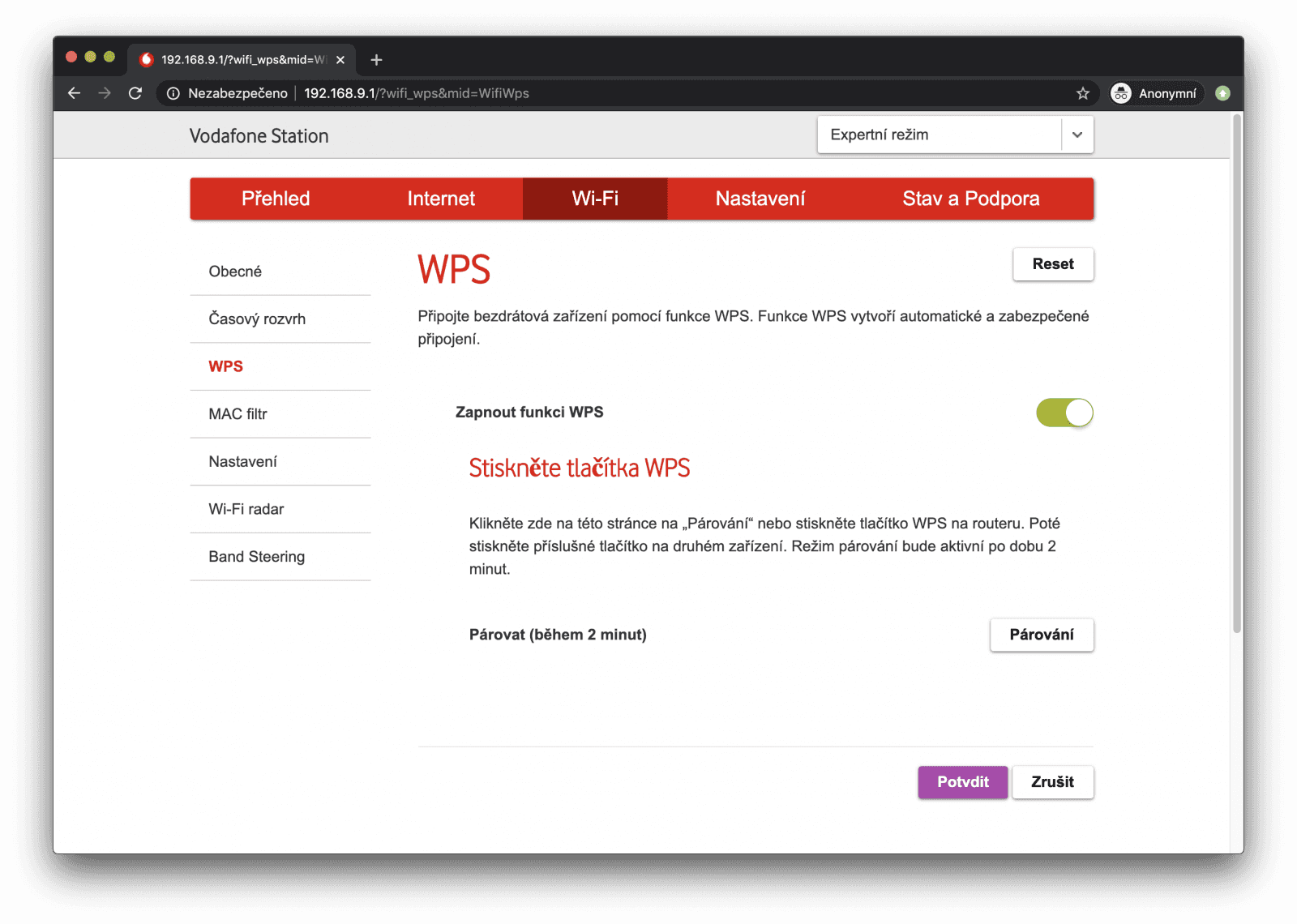 WPS. Ve výchozím stavu aktivní.