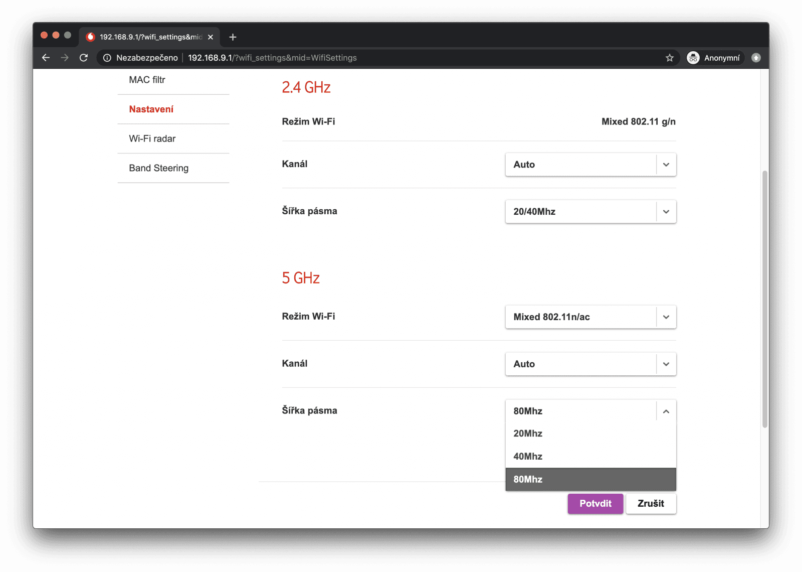 dostupné šířky kanálů na Wi-Fi