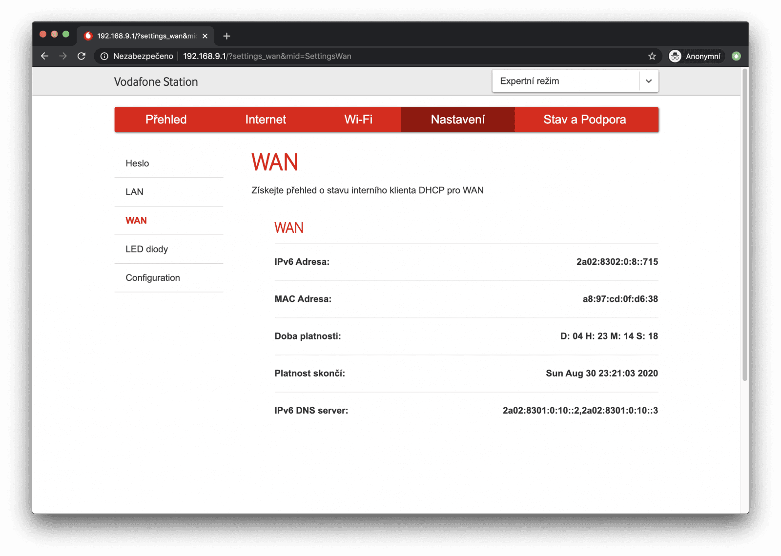stav WAN v režimu IPv6 s DS-Lite
