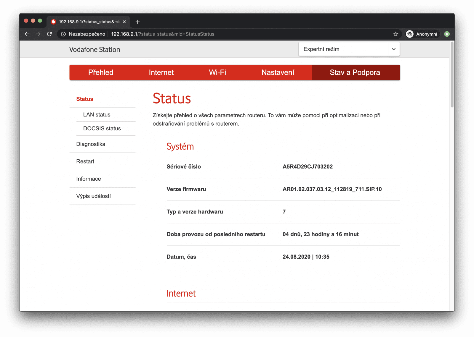 stav zařízení a informace o firmwaru