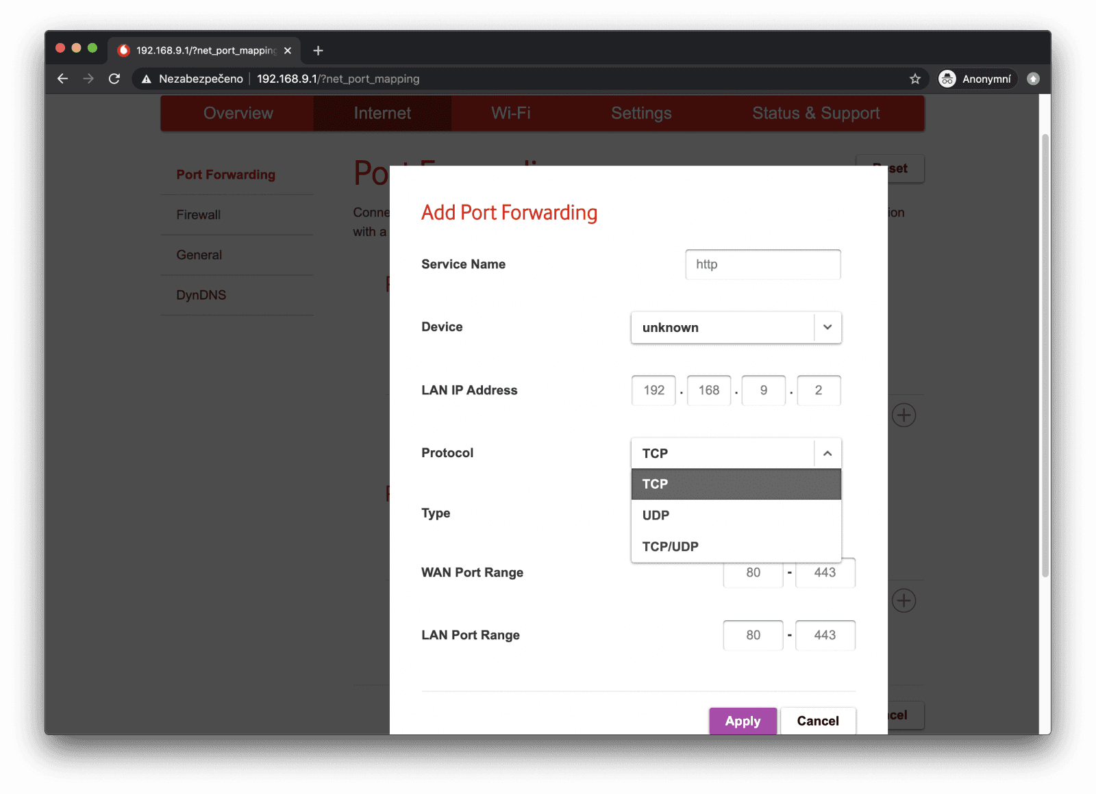 v režimu IPv4 funguje port forwarding jen pro TCP/UDP