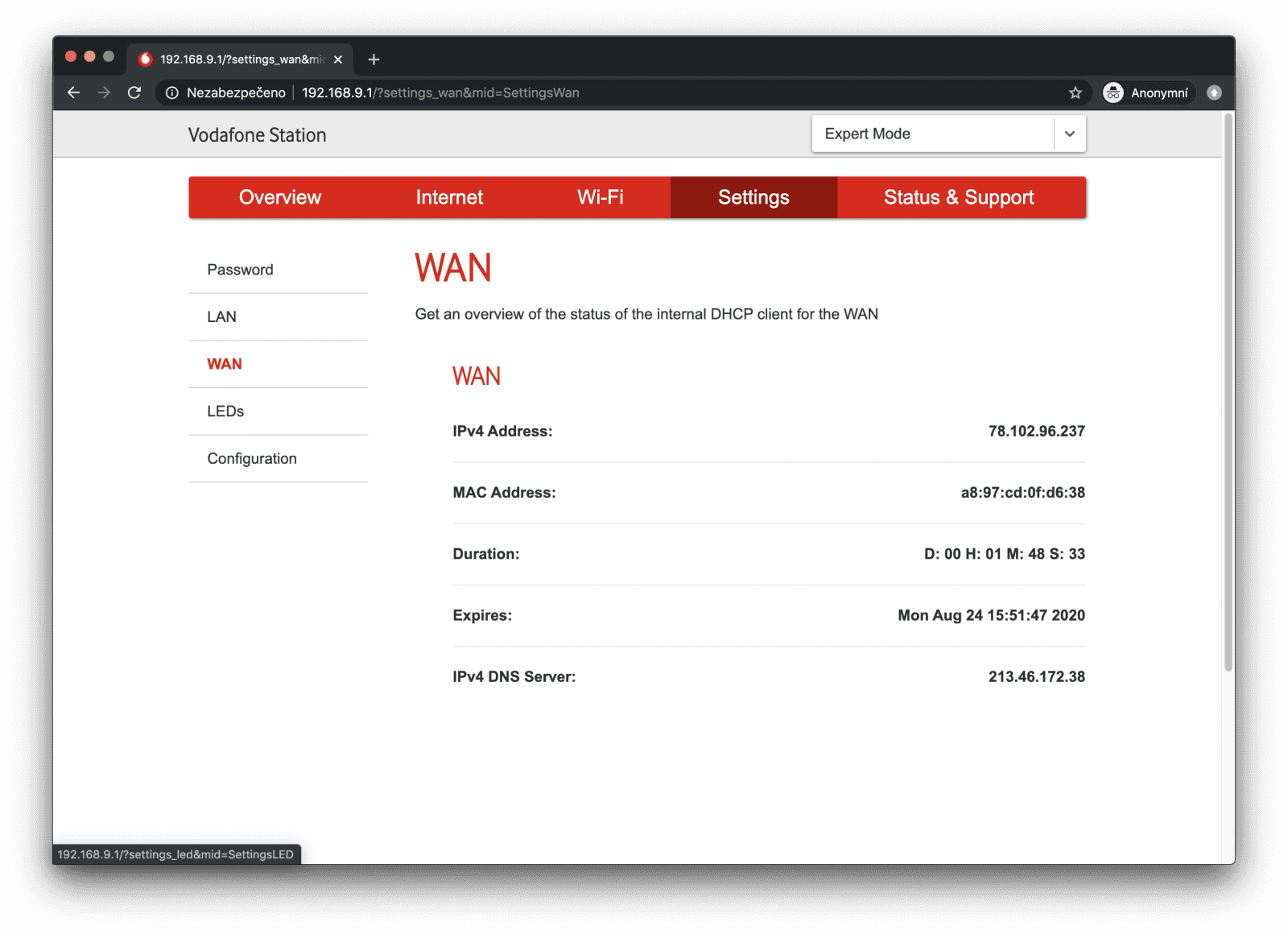stav WAN v režimu "pouze IPv4"