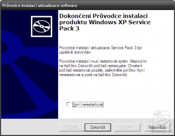 Dokončení instalace Service Pack 3 pro Windows XP.