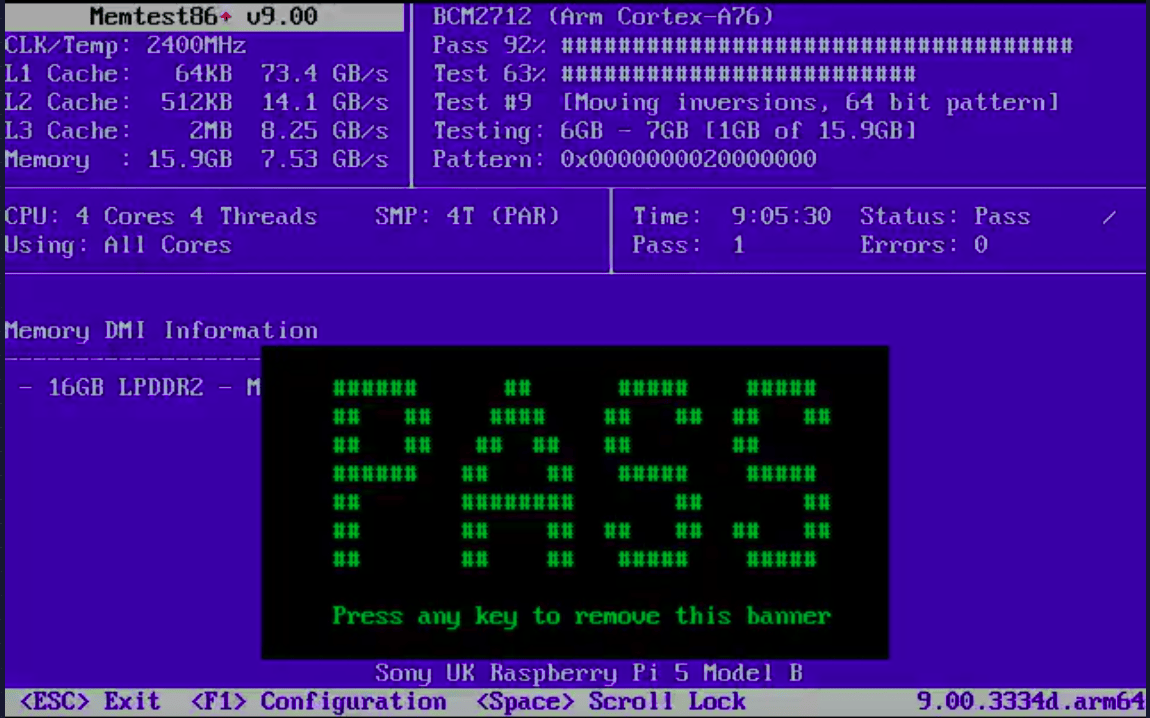 Memtest86+ na RPi5 obrázek 2