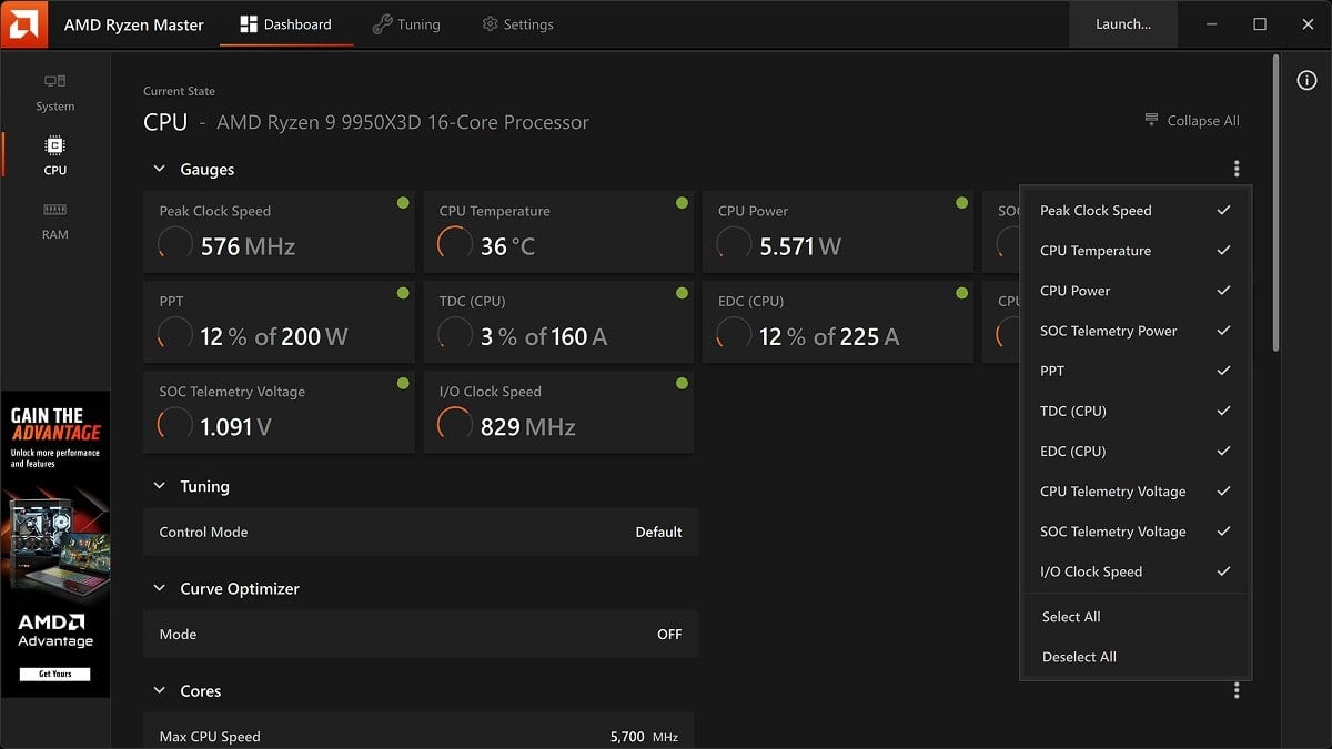 Ryzen Master sleduje takty jednotlivých jader spolu s teplotou a napětím; nejvyšší frekvence se mění podle okamžité zátěže a rezerv