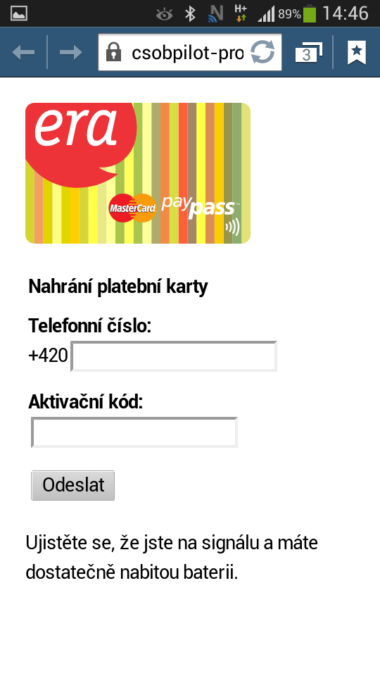 Testování NFC debetní karty ČSOB na bázi NFC SIM od T-Mobile (06/2014).
