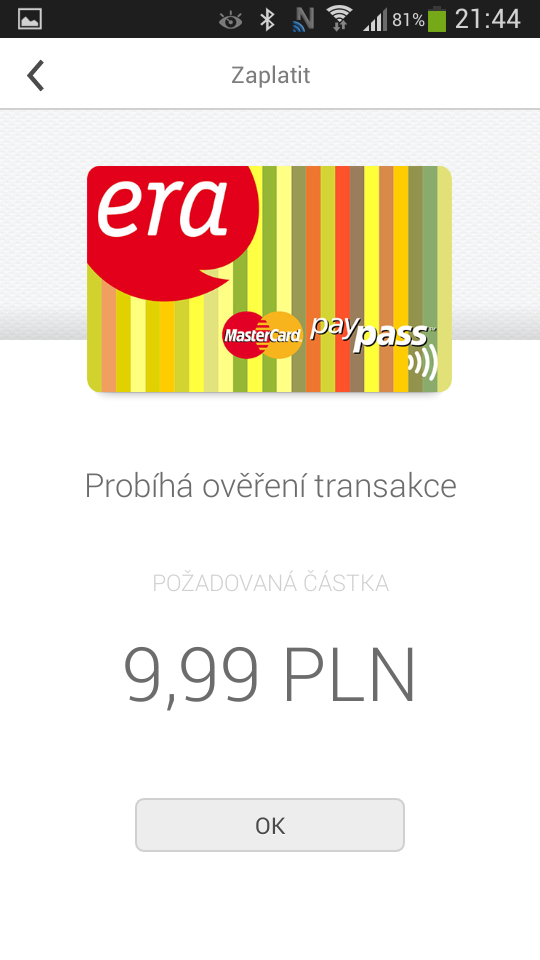 Testování NFC debetní karty ČSOB na bázi NFC SIM od T-Mobile (06/2014).