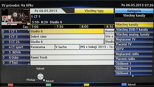 Propracované filtry v EPG doplňuje už nyní i obraz a zvuk. Bohužel jelikož televizor nenahrává, nemůžete se na pořad v EPG nechat ani upozornit, což je jaksi nepochopitelné.