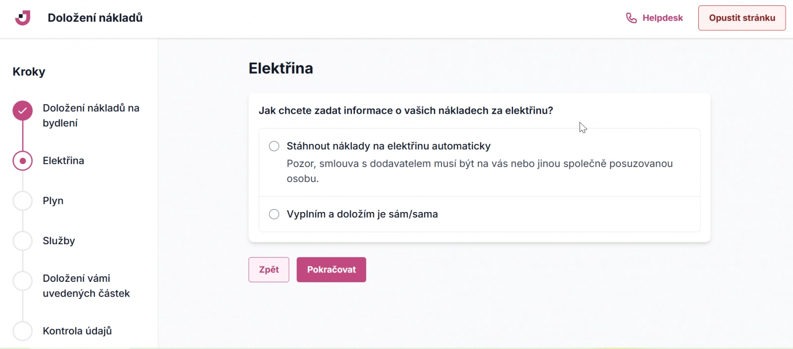 Doložení nákladů na bydlení při online žádosti skrze Klientskou zónu MPSV Jenda