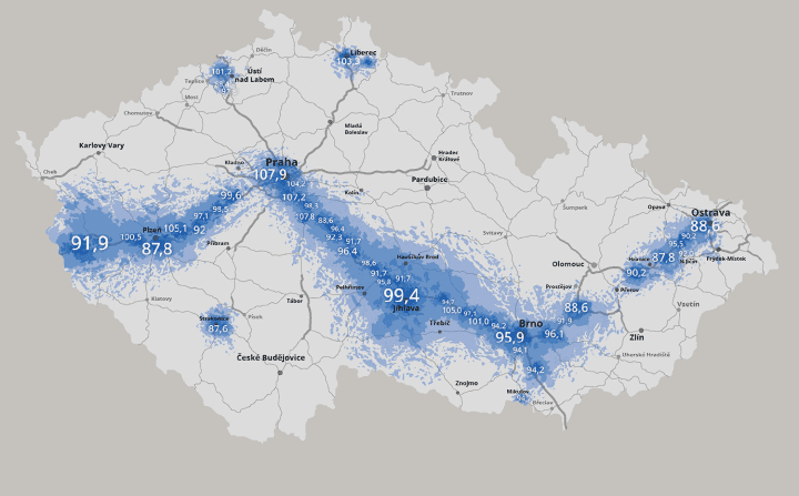 Mapa pokrytí - Rádio Dálnice