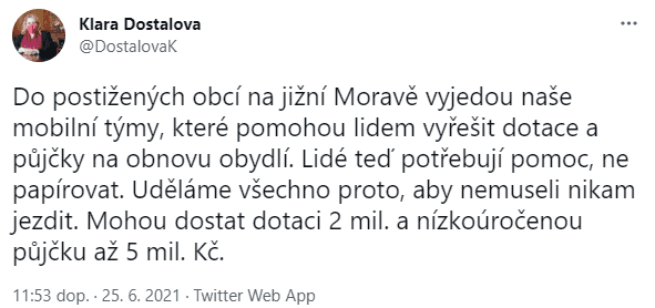 Přísliby pomoci jižní Moravě od politiků na Twitteru