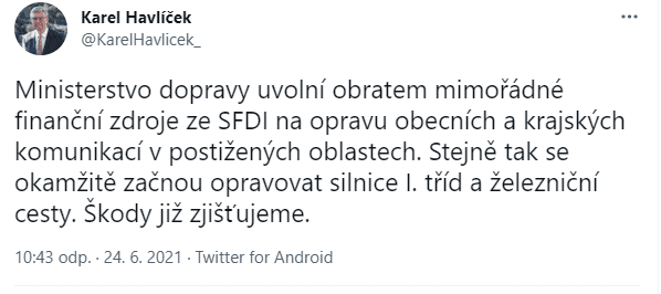 Přísliby pomoci jižní Moravě od politiků na Twitteru