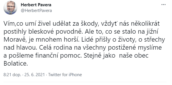 Přísliby pomoci jižní Moravě od politiků na Twitteru