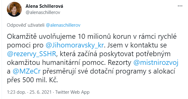 Přísliby pomoci jižní Moravě od politiků na Twitteru