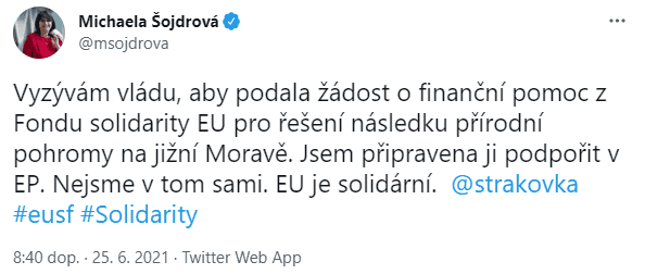 Přísliby pomoci jižní Moravě od politiků na Twitteru