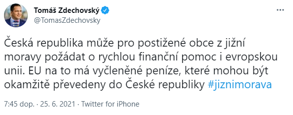 Přísliby pomoci jižní Moravě od politiků na Twitteru