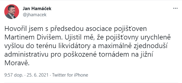 Přísliby pomoci jižní Moravě od politiků na Twitteru