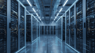 Pohled do uličky moderního datového centra. Po obou stranách stojí vysoké serverové racky s prosklenými dveřmi, za nimiž jsou vidět servery a barevné síťové kabely. Stropem vedou kabelové trasy, prostor osvětlují podélná LED svítidla a modré ambientní světlo. Na podlaze jsou patrné technické značky a vzory.