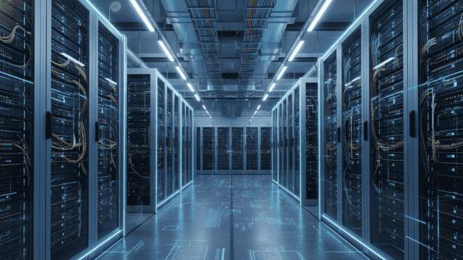 Pohled do uličky moderního datového centra. Po obou stranách stojí vysoké serverové racky s prosklenými dveřmi, za nimiž jsou vidět servery a barevné síťové kabely. Stropem vedou kabelové trasy, prostor osvětlují podélná LED svítidla a modré ambientní světlo. Na podlaze jsou patrné technické značky a vzory.