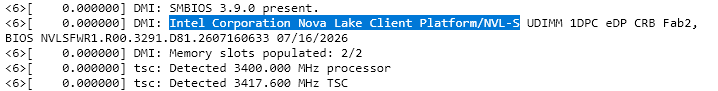 Procesory Nova Lake v protokolech z bootování Linuxu