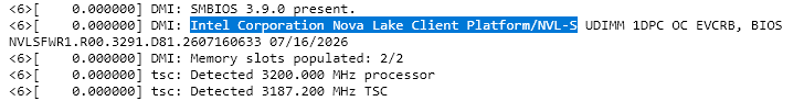 Procesory Nova Lake v protokolech z bootování Linuxu